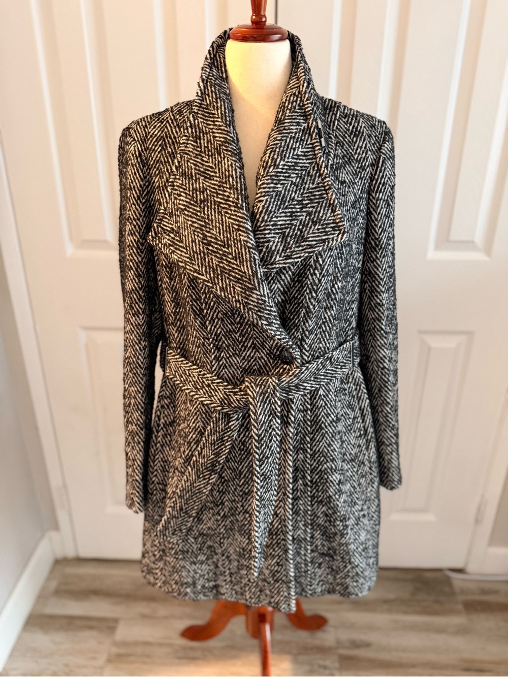 Calvin Klein Black & White Herringbone Wrap Belted Long Sleeve Coat